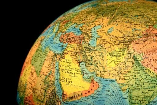 Beautiful terrestrial globe illuminated, in middle east zone.