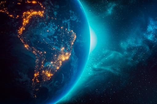 South America lit up by city lights.