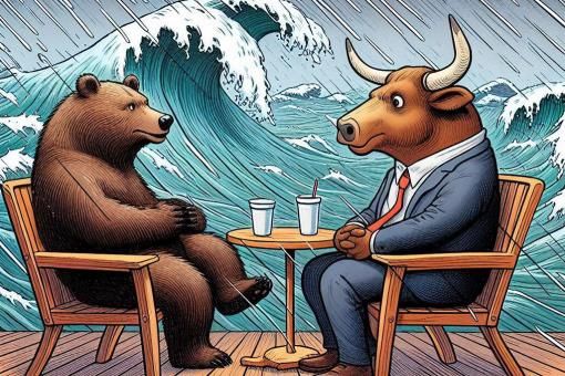 Bear and Bull sitting at a table and chairs having a drink together, with rough seas in the background.